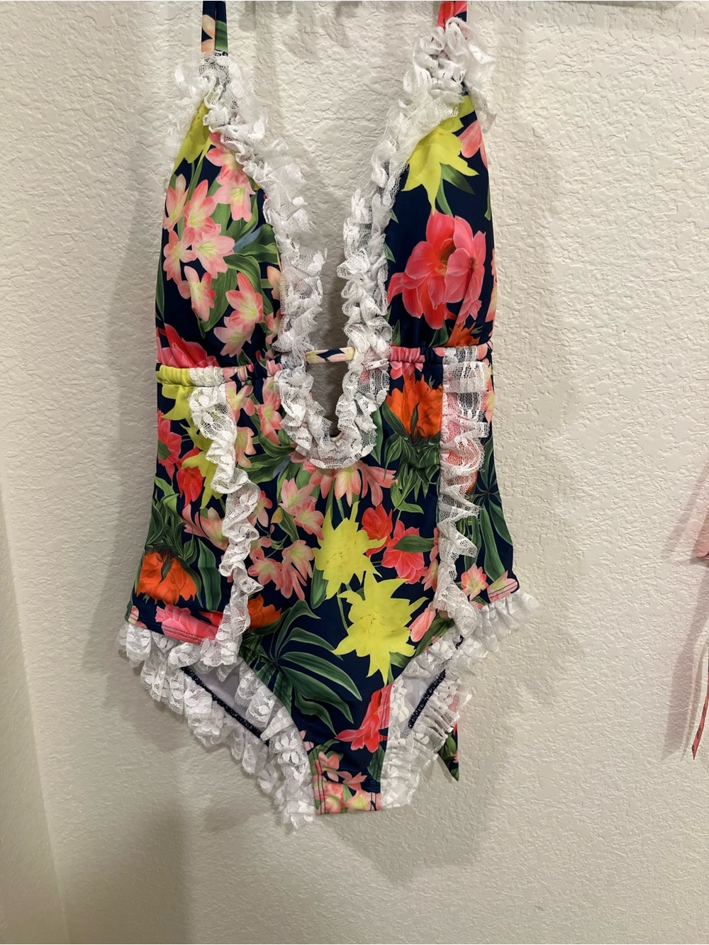 Floral Ruffle One-Piece Swimsuit - Navy with Bright Floral Print